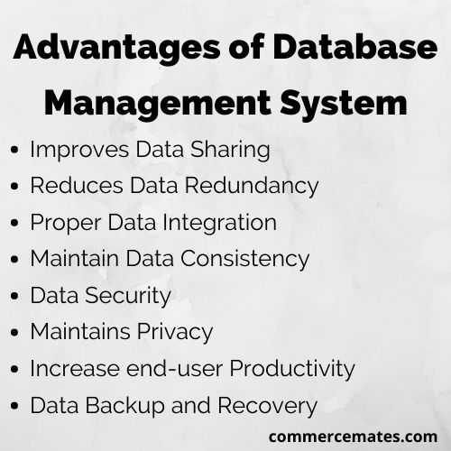 List of DBMS advantages: improves data sharing, reduces data redundancy, proper data integration, maintains data consistency, data security, maintains privacy, increases end-user productivity, data backup and recovery.